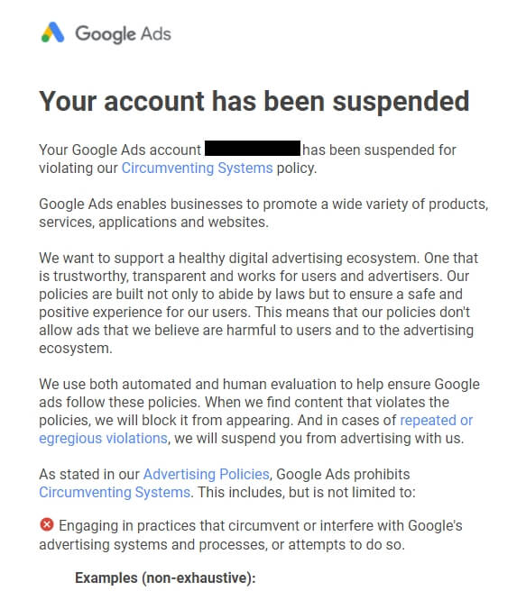 Google Shopping 广告帐号因违反了“规避系统”政策被暂时停用