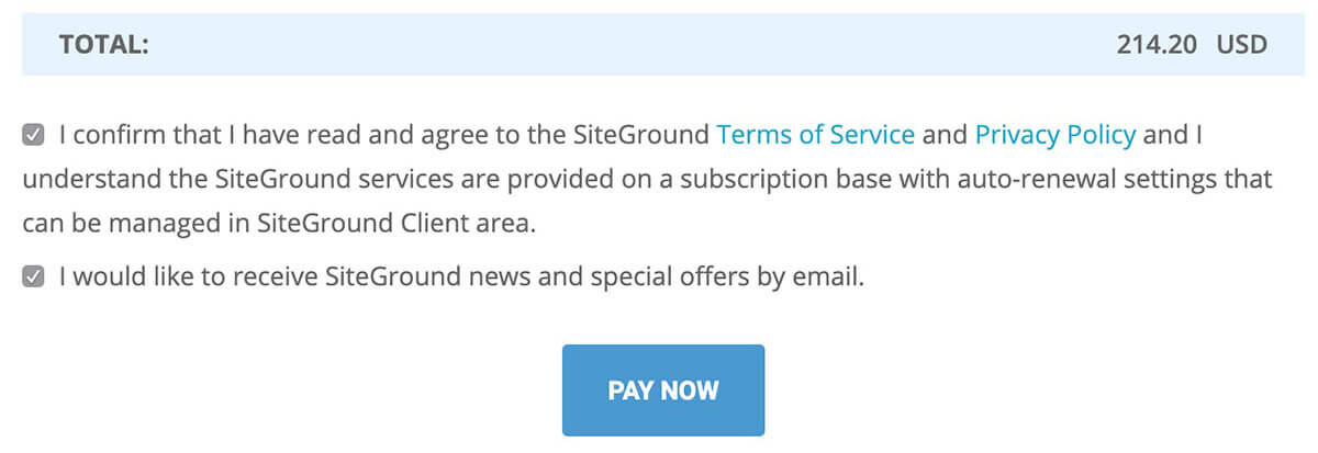 完成SiteGround账户的注册和付款