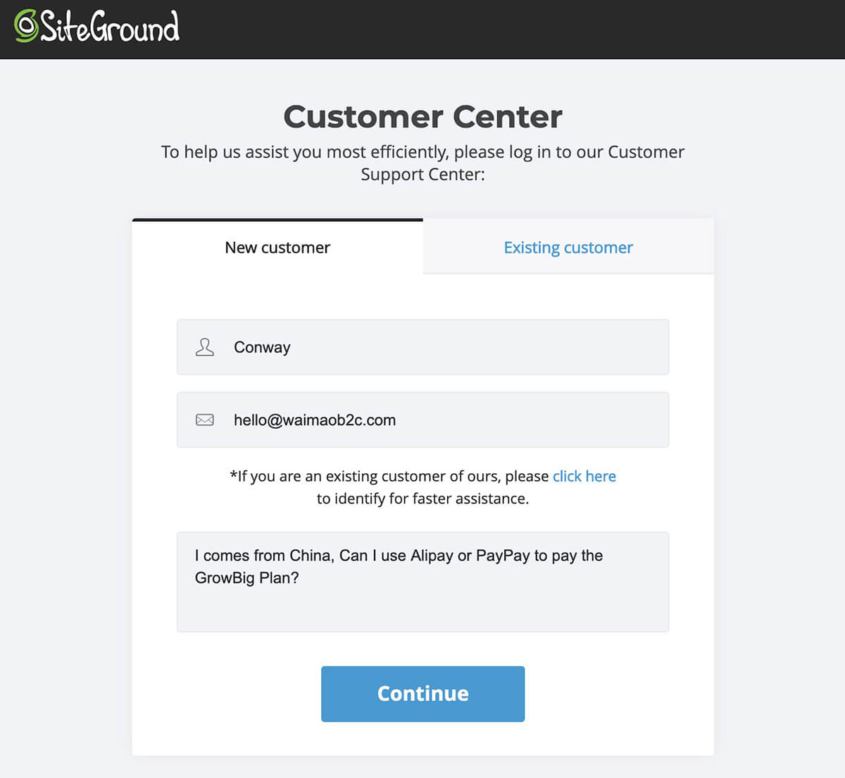 联系Siteground的在线客服使用PayPal支付Siteground主机费用