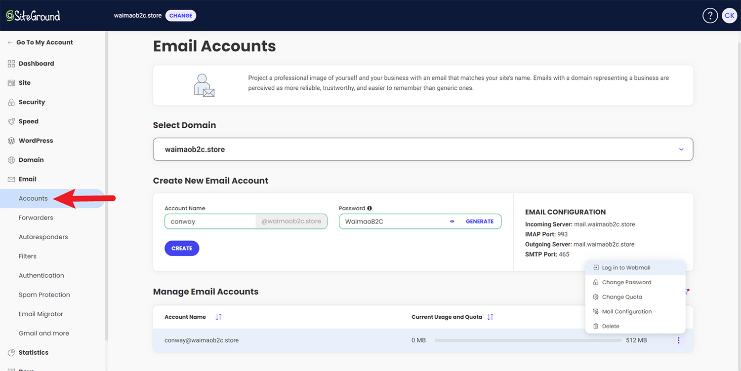 SiteGround 主机 Email Accounts 企业邮箱账户的创建和管理教程 - 歪猫跨境 | WaimaoB2C